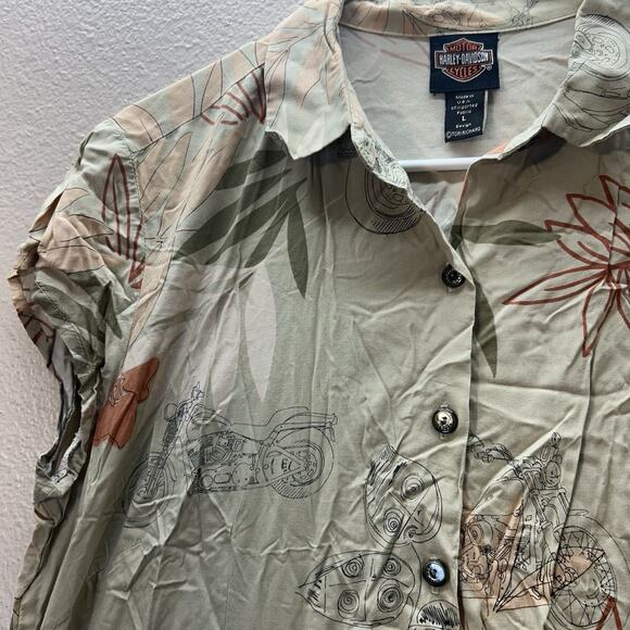 Vintage Harley Davidson Shirt Womens Green Tori Richard Button Up Hawaiian ￼ - Picture 4 of 8